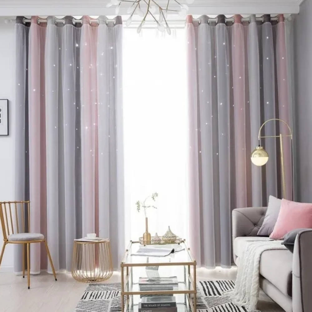 Pink and Gray Star Pattern Curtains with Sheer Overlay